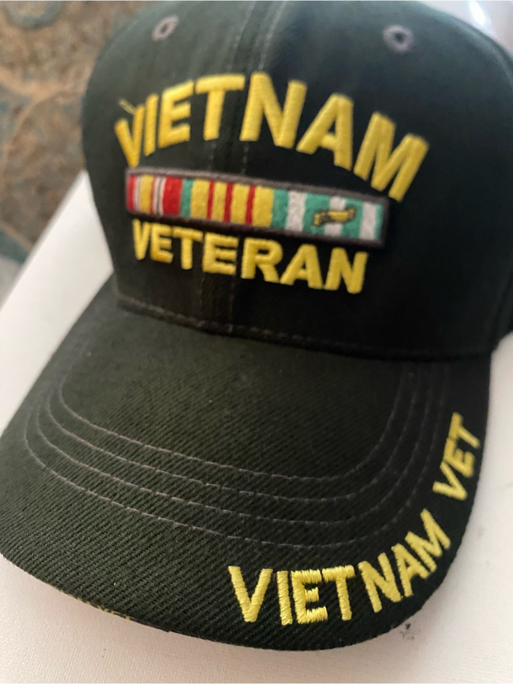 Vietnam Veteran Embroidered Dark Green Cap with Yellow Lettering